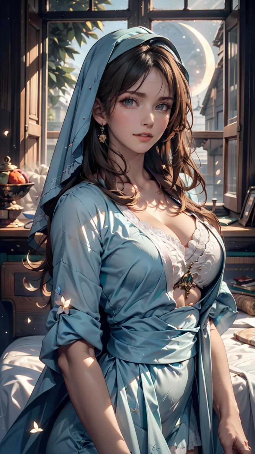 Mother of Jesus(Virgin Mary), Black hair and green eyes, light brown skin, Wearing a light blue robe, And a sky-blue veil, A calm expression that brings peace (whole body) Near the window, Illuminated by the moonlight (Magnificent and realistic)、Sexy proportions、Sexy