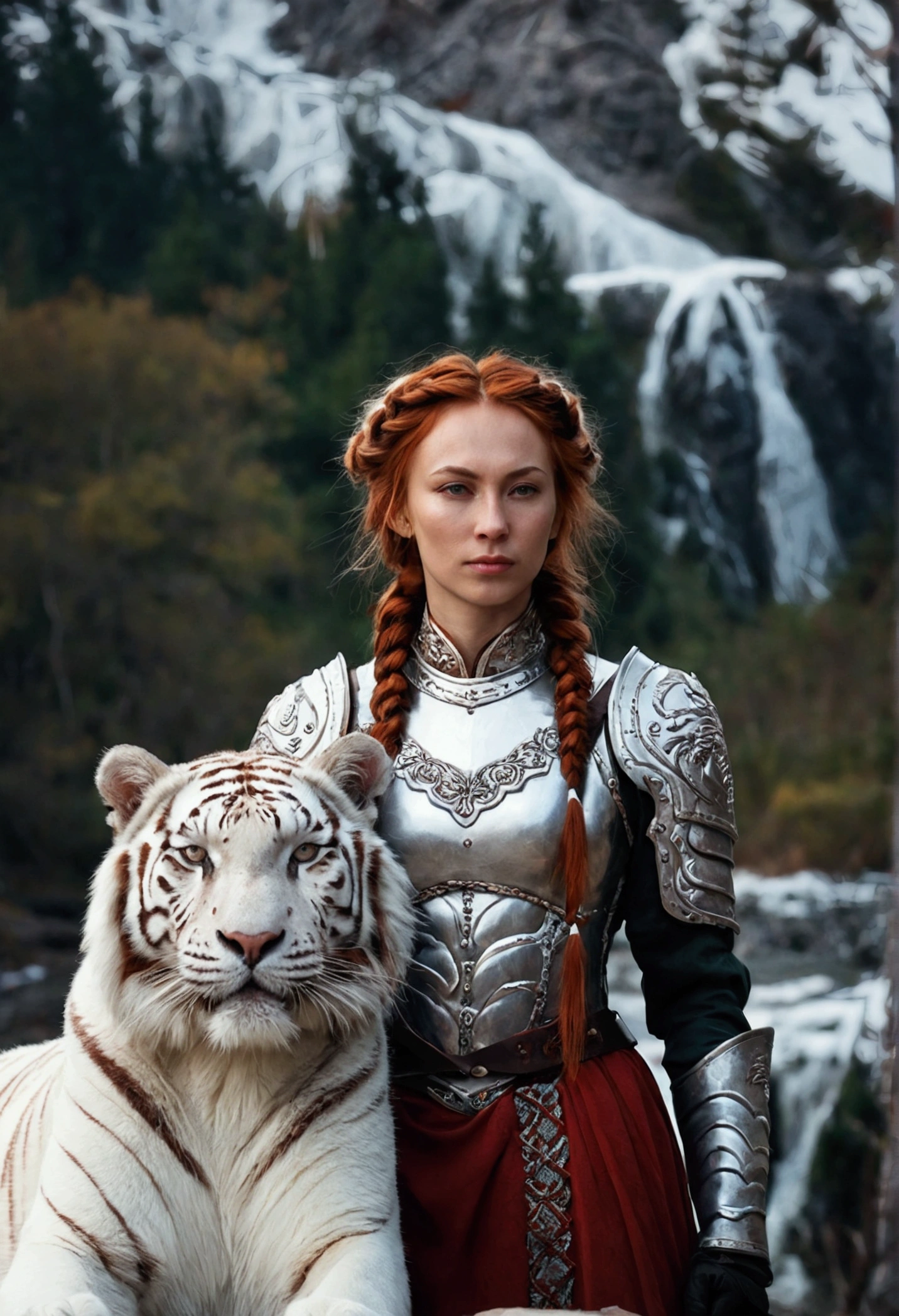 Woman, One, Portrait, 32 year old Russian perfect female figure, surrounded by whitetigers, Russian costume, Armor, , Red hair, Messy hair, Medium hair, Braided hair, Fluffy hair, Long hair, Dark light skin, Forest, Lake, Mountains, Snow, Realism
