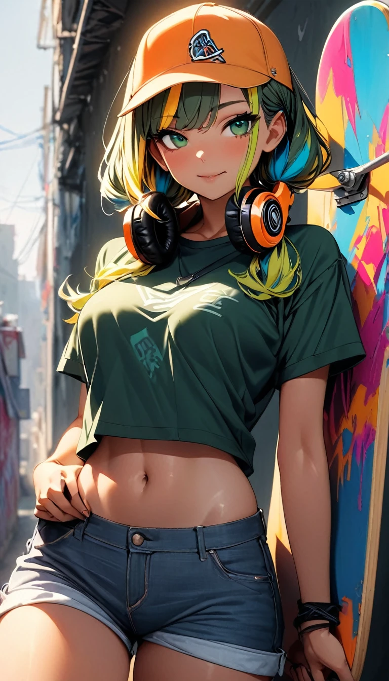 (highest quality:1.2, Very detailed, up to date, Vibrant, Ultra-high resolution, High Contrast, masterpiece:1.2, highest quality, Best aesthetics), Portraiture、solo, girl、(slim:1), (25-years-old), ((Skateboarder:1)), (orange baseball cap:1.3), (wearing headphones on neck), (holding a skateboard:1.3), American olive t-shirts, crop top navel, jeans short pants, Bright colors、Beautiful fine details、Beautiful lip detail、long hair、low ponytail, white and yellow green ((streaked hair:1.6)), highlights hair: 1.5, (medium breast:1) , (tan skin:0.9), (A wall full of graffiti in the distance),((cowboy shot:1.5))