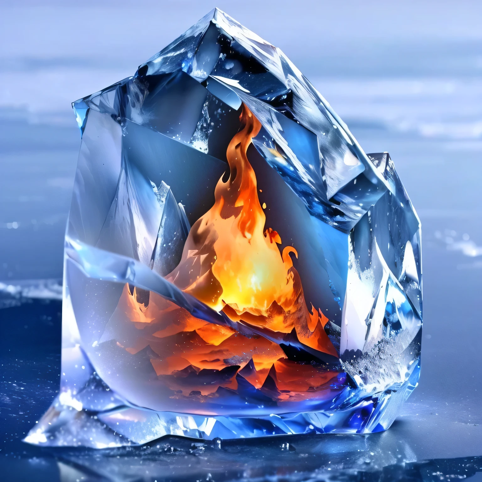 flame burns inside a piece of ice on the beach, Ice and fire, fire and Ice, orange fire/duality of blue ice!, icy вулкан, made of ice, Magic Frozen Ice Phoenix Egg, melting ice cube, все сделано made of ice, icy, Shimmering ice particles, scary sharp icy, melting glass, armor made of ice