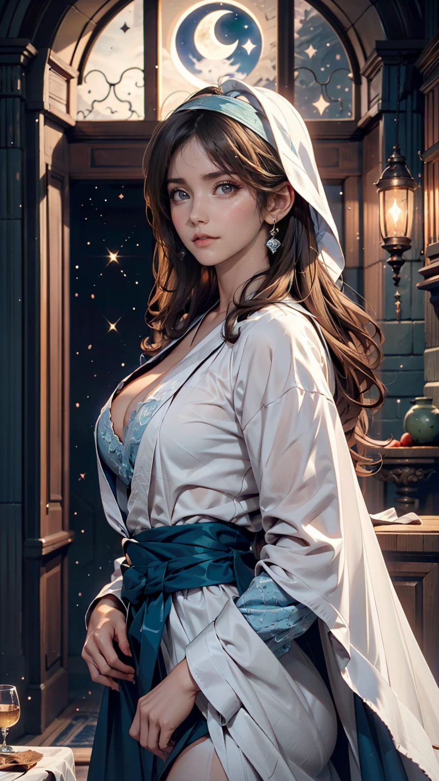 Mother of Jesus(Virgin Mary), Black hair and green eyes, light brown skin, Wearing a light blue robe, And a sky-blue veil, A calm expression that brings peace (whole body) Near the window, Illuminated by the moonlight (Magnificent and realistic)、Sexy proportions、Sexy