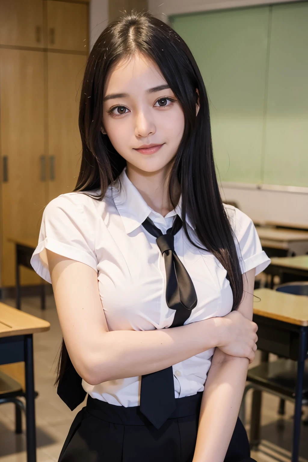 ((masterpiece)), ((best quality)), ((ultra-detailed)),((hyperrealistic)),(japanese cute girl),(shiny skin),1girl,(forehead),black hair,long hair,(black big eyes,tareme,droopy eyes),(small breasts),,dynamic angle,(((blush,in heat))), cheeks,neat and clean,(white shirt,black tie,,black miniskirt),arms behind back,school,class room,smile,