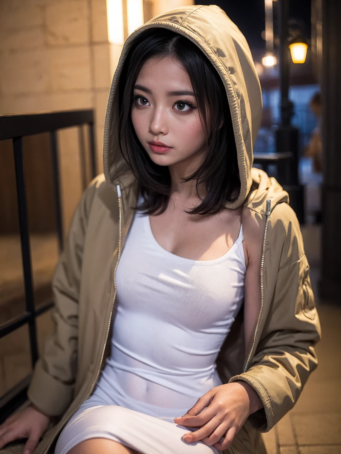 白のパーカーを着たGal,Dynamic Angle, 横face, Wearing a hood, night,moonlight,Exterior lights,Gal, Hooded parka,masterpiece, Highest quality, Realistic, face,, Beautiful girls, cute, Written boundary depth, High resolution, Super detailed, detailed, pale, Fair skin,woman,白のHooded parka,short hair,Black Hair,Crouching,Shortcut hair,building,,night,深night,Blurred Background:1.2