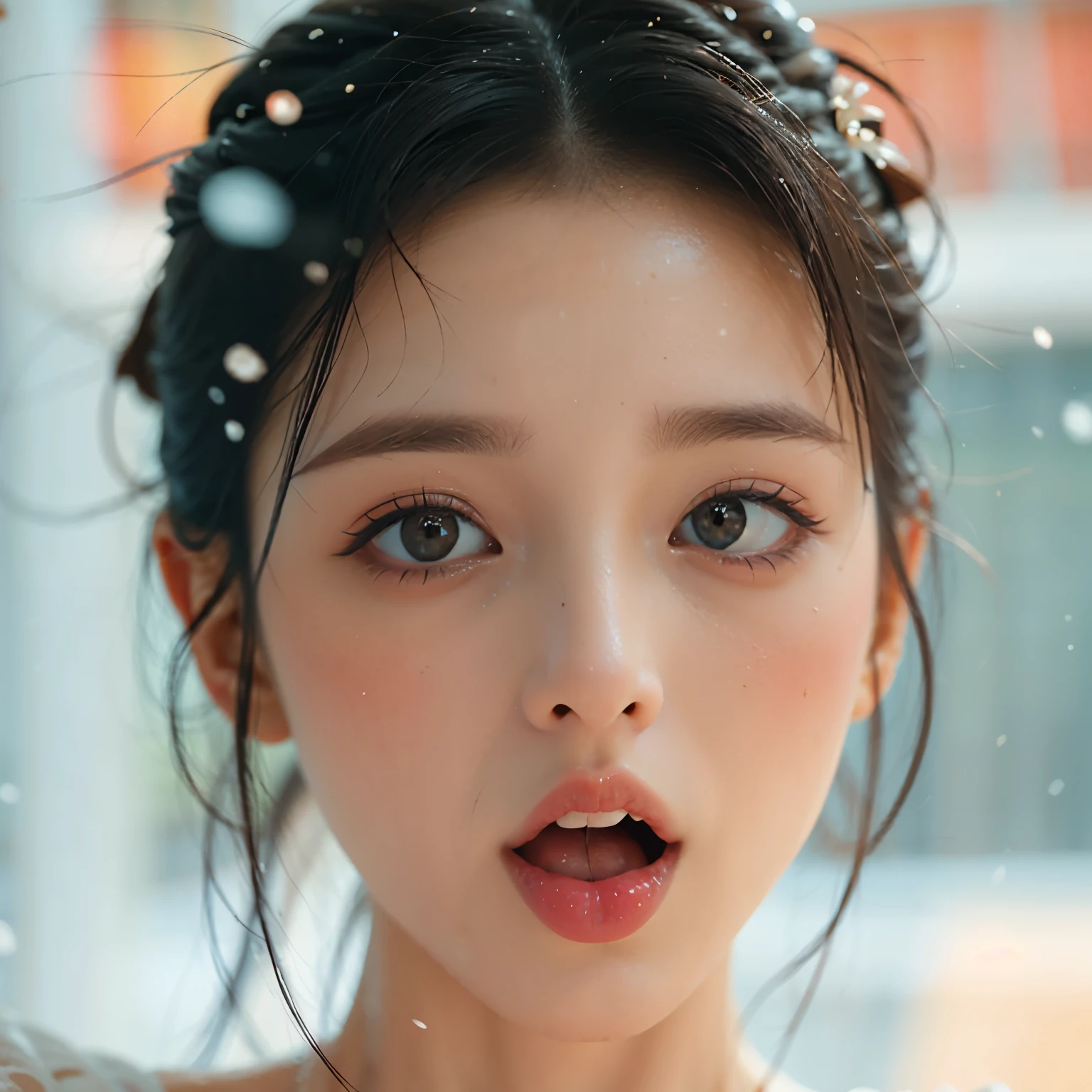 ExtremelyDetailed Kawaii girl Face,(Close-up Sweet lips), glossy lips with beautiful details, Coquettish tongue, Kissing to camera, towards the viewer, 8K TopQuality masterpiece,an extremely delicate and beautiful (ProfessionalPhoto:1.37), {Amazing|finely detail|official art|incredibly absurdres},ultra-detailed close-up shot, close up, (fish eye lens), wide lens, macro lens, Detailed reflective Eyes ElaboratePupils with (sparkling highlights:1.28) (Delicate Voluminous LongEyelashes:0.88), {(Tilted face:1.22)|Visible back of throat|saliva drips|naked shoulder}, (Dripping juice on tongue:1.23) snow particles