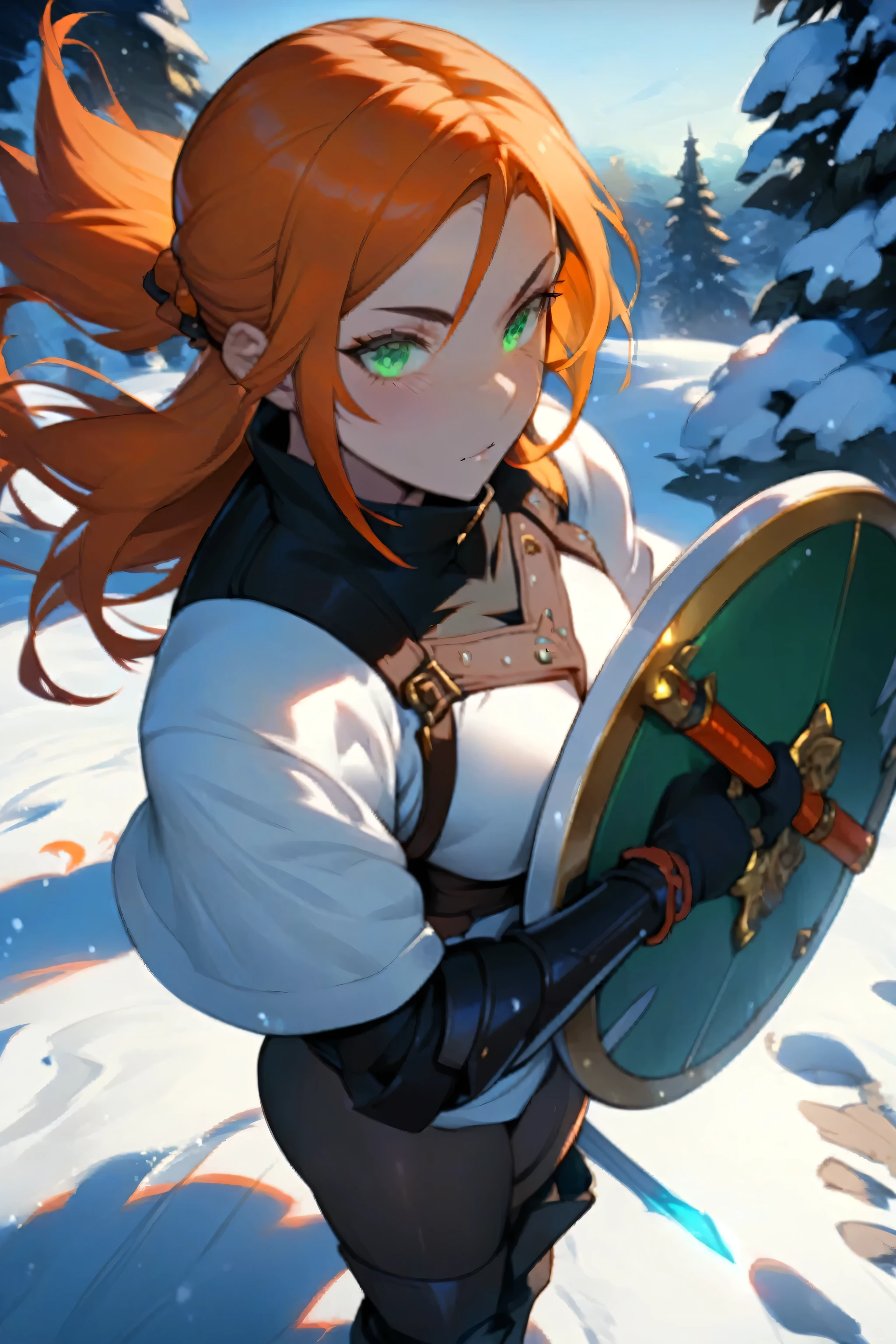 anime girl with orange hair and green eyes holding a shield in the snow, artgerm and atey ghailan, cushart krenz key art feminine, krenz cushart and artgerm, valentina remenar, holding a sword on her shoulder, extremely detailed artgerm, ayaka genshin impact, genshin, demon slayer rui fanart, clear, 4k, detailed