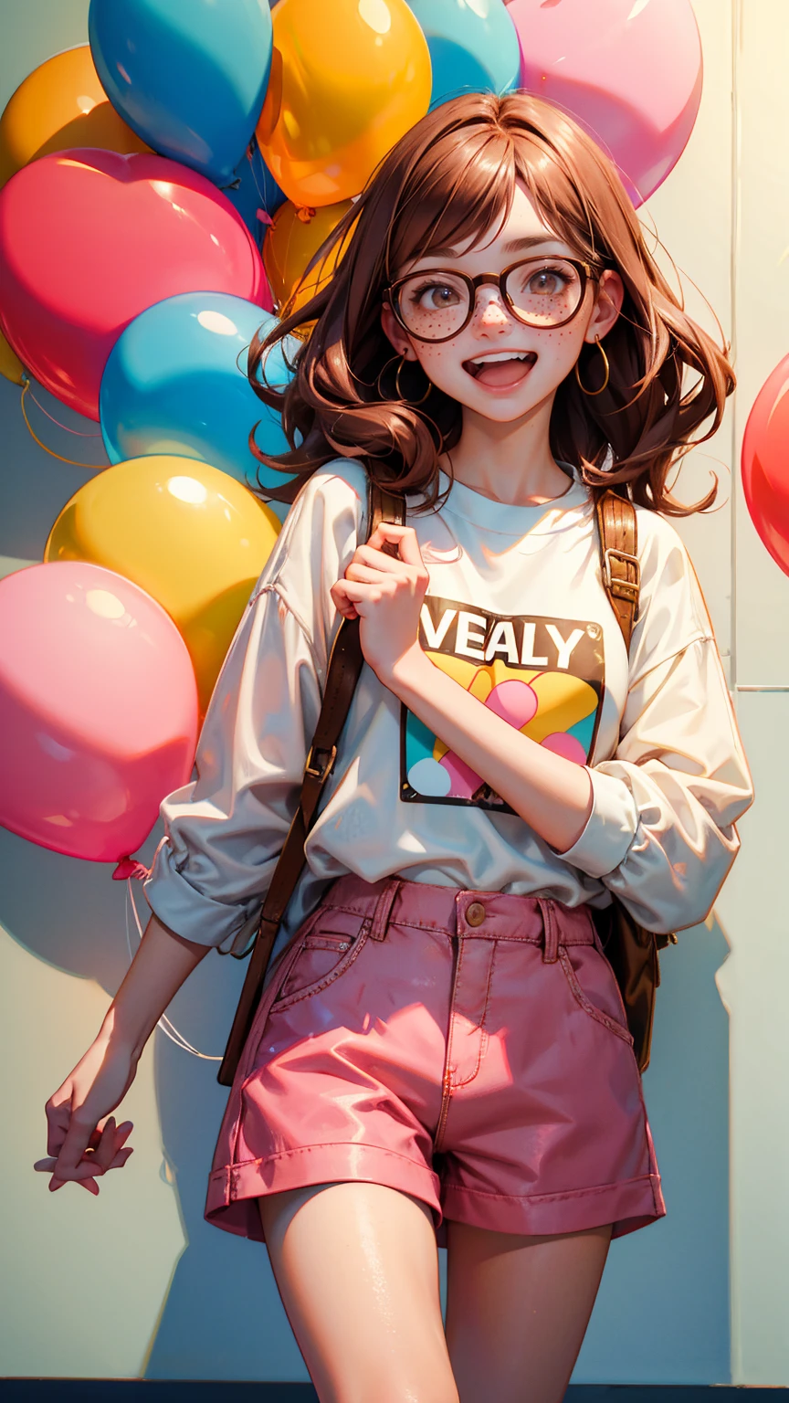  girl laughing with open face,   with wearing shorts, has pink and brown hair, freckles and glasses in the style of raw, celebrating peoples celebrating in front of the office with balloons, a sign on the wall says "Announcement of Announcement"