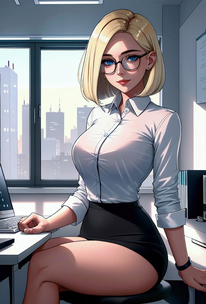 A blonde girl with blue eyes wearing glasses, a white shirt, and a black skirt, with a bob haircut, working at her desk in an office. The office is modern with a minimalist design, featuring a large window with cityscape views, a sleek wooden desk, and various office supplies neatly arranged. She is focused on her computer screen, with a gentle smile on her face, giving an impression of professionalism and dedication. The lighting is natural, coming from the window, creating a bright and productive atmosphere.