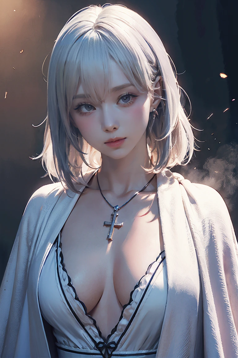 Close-up of a woman with tattoos on her chest, girl, Short white hair with bangs, Black strands of hair, Purple eyes, White T-shirt and white cape, Pendant around the neck. 超High resolution.Photorealistic. 超High resolution.Photorealistic:1.4,超High resolution. Realistic,High resolutionで, masterpiece, Highest quality, Very detailed, Better Shadows, Volumetric lighting), super high quality, High resolution, 8k, 超Realisticな肖像画 , Photorealistic, Dynamic Lighting, Volumetric lighting, Very detailed顔,(NSFW:0.8)