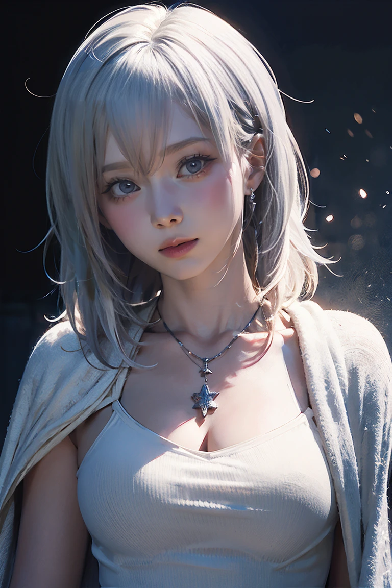 Close-up of a woman with tattoos on her chest, girl, Short white hair with bangs, Black strands of hair, Purple eyes, White T-shirt and white cape, Pendant around the neck. 超High resolution.Photorealistic. 超High resolution.Photorealistic:1.4,超High resolution. Realistic,High resolutionで, masterpiece, Highest quality, Very detailed, Better Shadows, Volumetric lighting), super high quality, High resolution, 8k, 超Realisticな肖像画 , Photorealistic, Dynamic Lighting, Volumetric lighting, Very detailed顔,(NSFW:0.8)