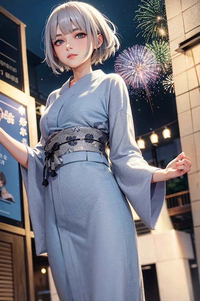 Grey Hair Short Hair Dark blue eyes beautiful girl beautiful firework Light blue yukata