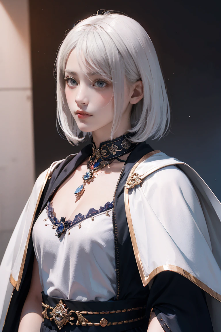 Close-up of a woman with tattoos on her chest, girl, Short white hair with bangs, Black strands of hair, Purple eyes, White T-shirt and white cape, Pendant around the neck. 超High resolution.Photorealistic. 超High resolution.Photorealistic:1.4,超High resolution. Realistic,High resolutionで, masterpiece, Highest quality, Very detailed, Better Shadows, Volumetric lighting), super high quality, High resolution, 8k, 超Realisticな肖像画 , Photorealistic, Dynamic Lighting, Volumetric lighting, Very detailed顔,(NSFW:0.8)