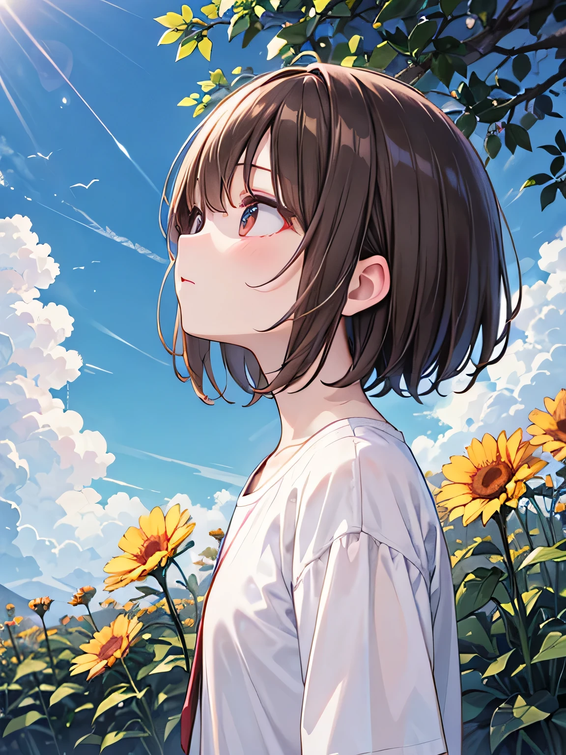 Worried、From the side、White Shirt、Brown Hair、Looking up at the sky, flowers are blooming