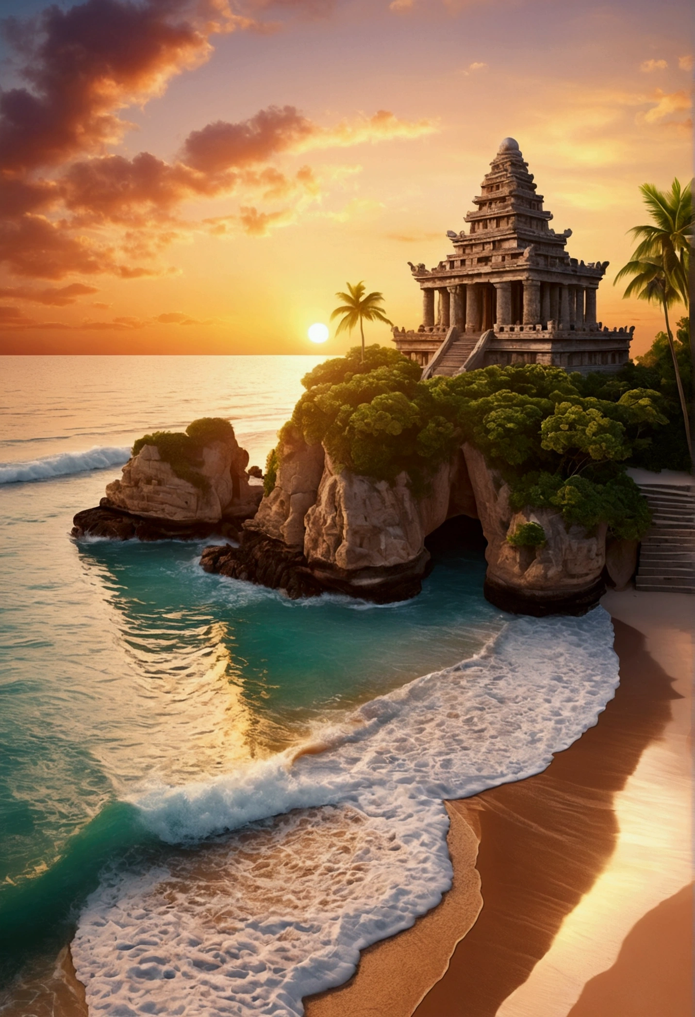 hyperrealistic landscape photo of a paradise with ancient temple beach at sunset