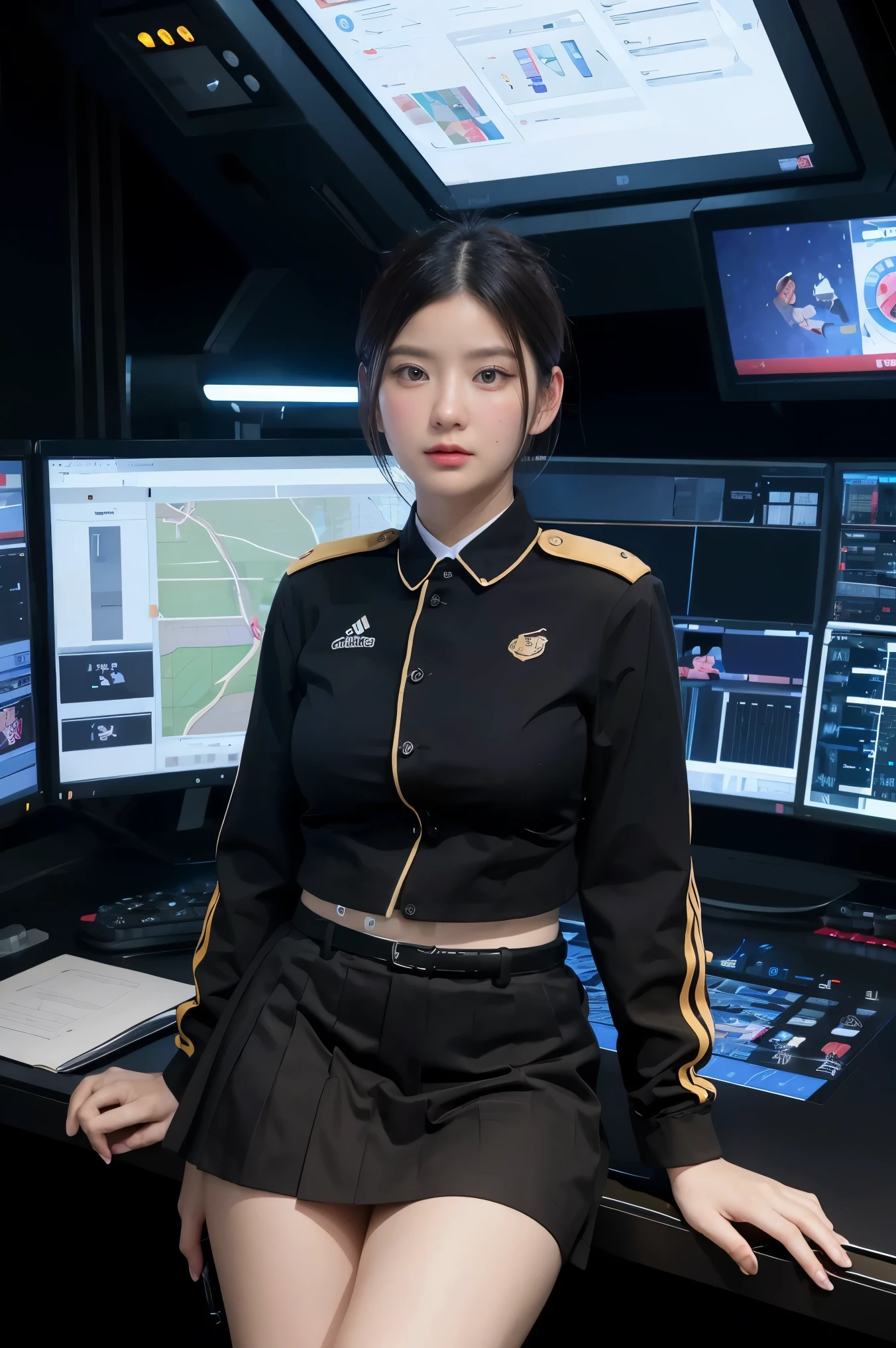 (highest resolution, distinct_image), best quality, masterpiece, highly detailed, semi realistic, a woman with short black hair, mature woman, triple bangs, black uniform, black pleated skirt, military uniform, spaceship space, control room, commander