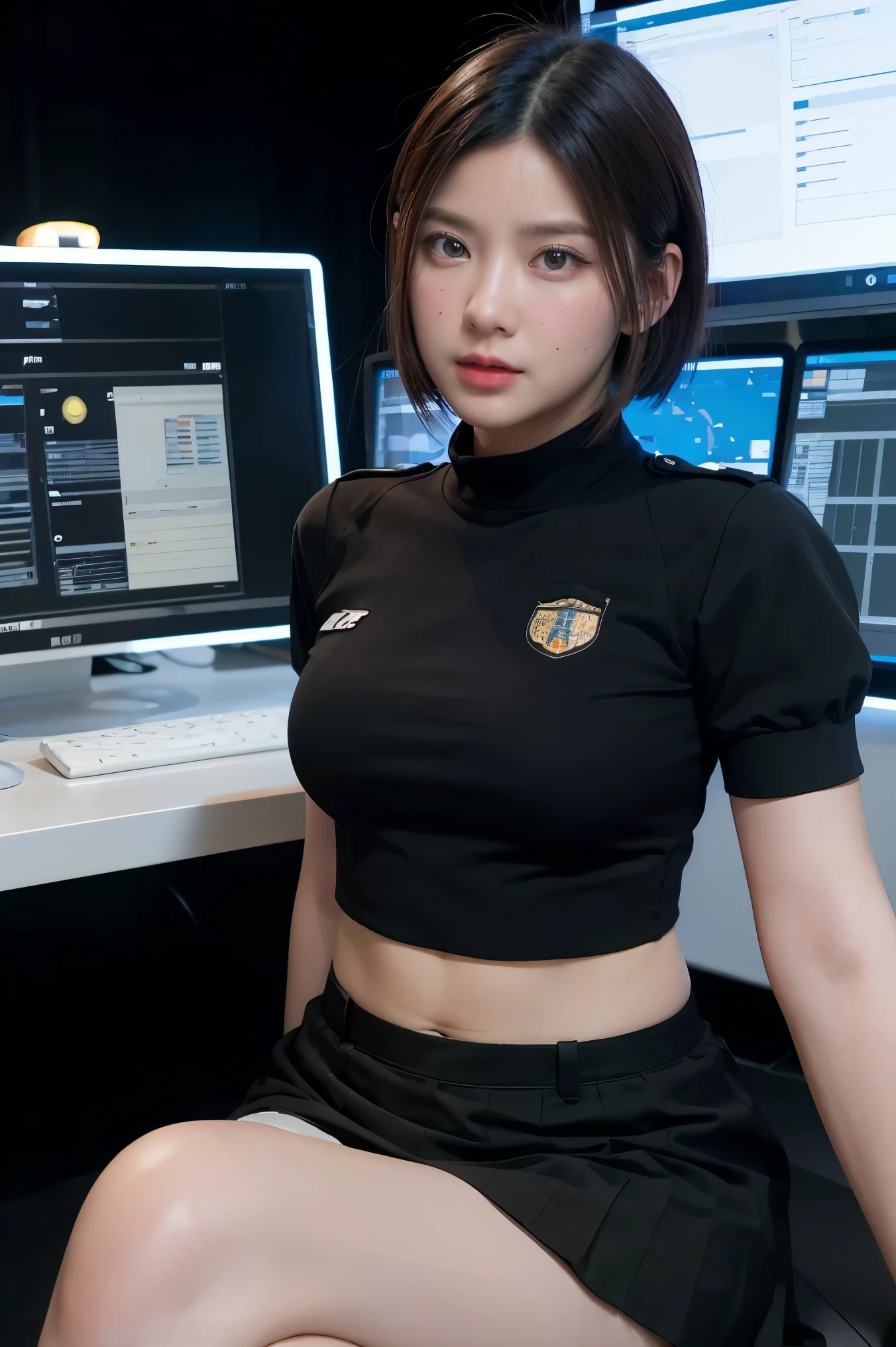 (highest resolution, distinct_image), best quality, masterpiece, highly detailed, semi realistic, a woman with short black hair, mature woman, triple bangs, black uniform, black pleated skirt, military uniform, spaceship space, control room, commander