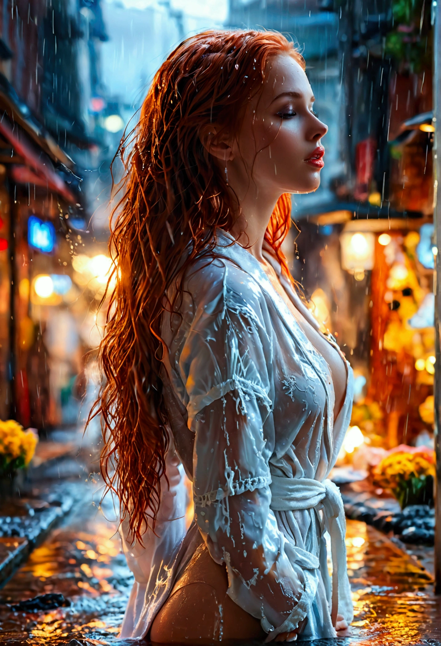 (full body shot:1.7) photorealistic image of a (standing pose:1.1) woman, ultra realistic, photography, long red hair, girl, 24 years old, hourglass figure, perfect body, Flirty look, natural medium breasts, blur background, (((sexy white transparent open bathrobe:1.1))), standing in the city, all wet on a rainy night, fixing her hair with her hands, her eyes are closed, she leans her head backwards, her lips are parted, she is standing barefoot