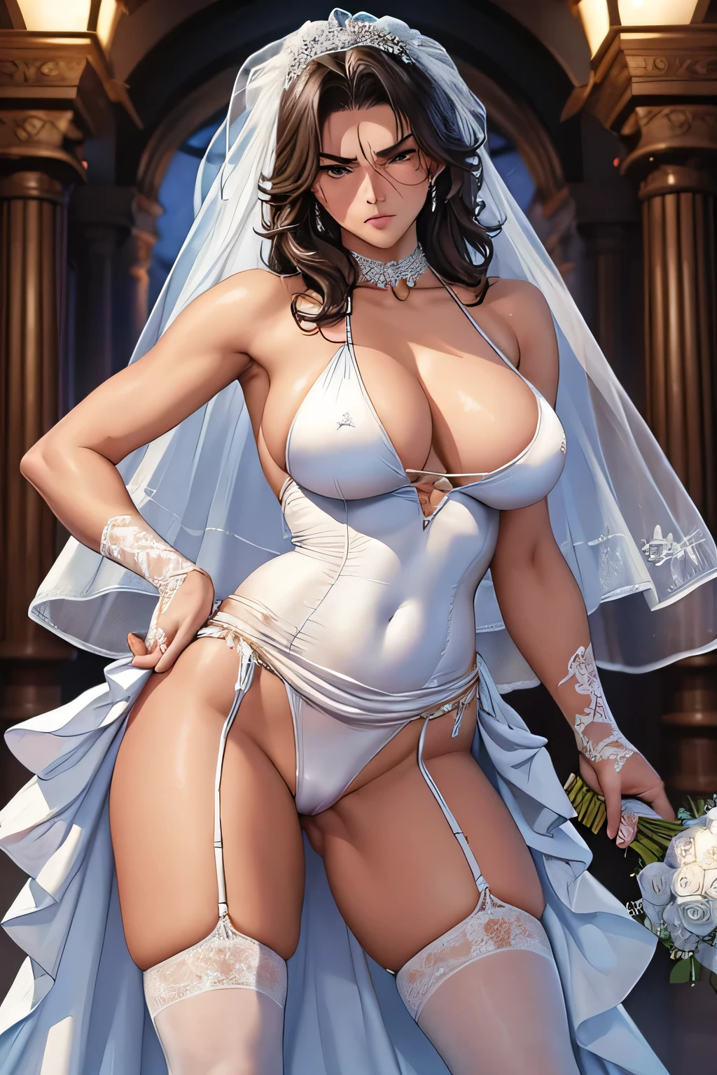 Angry expression. Pussy leaking, urination, wet crotch, nipple. (A female athlete, wearing a white silk wedding dress swimsuit, garter). 