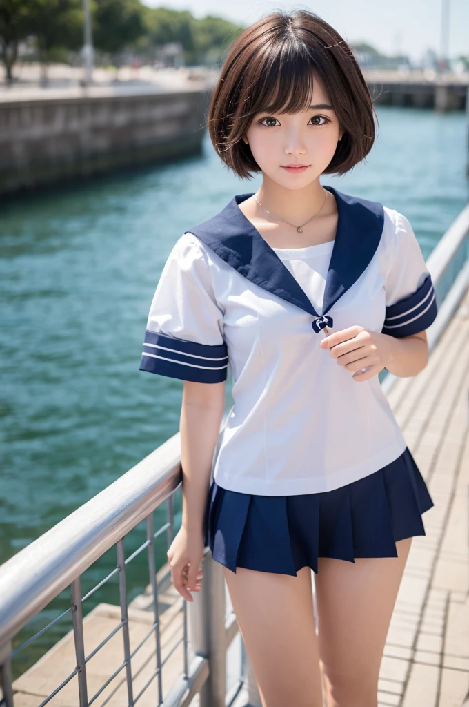 A girl with short hair wearing a sailor suit