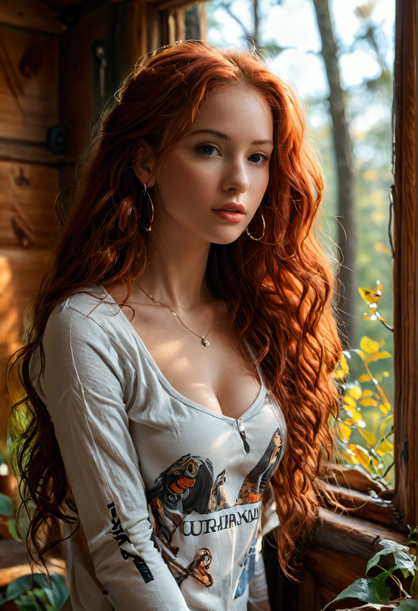 (full body shot:1.5) photorealistic image of a (standing pose:1.1) woman, ultra realistic, photography, long red hair, girl, 24 years old, hourglass figure, perfect body, Flirty look, natural medium breasts, blur background, medium hoop earrings, big t-shirt, leggings, bottom shot, long hair, wavy hair, inside of a cabin in the woods, photorealistic, Indirect lighting, volumetric light, specular light, ray tracing, hyper-detailed, best quality, ultra-high resolution, HDR, 8k, pose looking out the window, cleavage, leaning forward