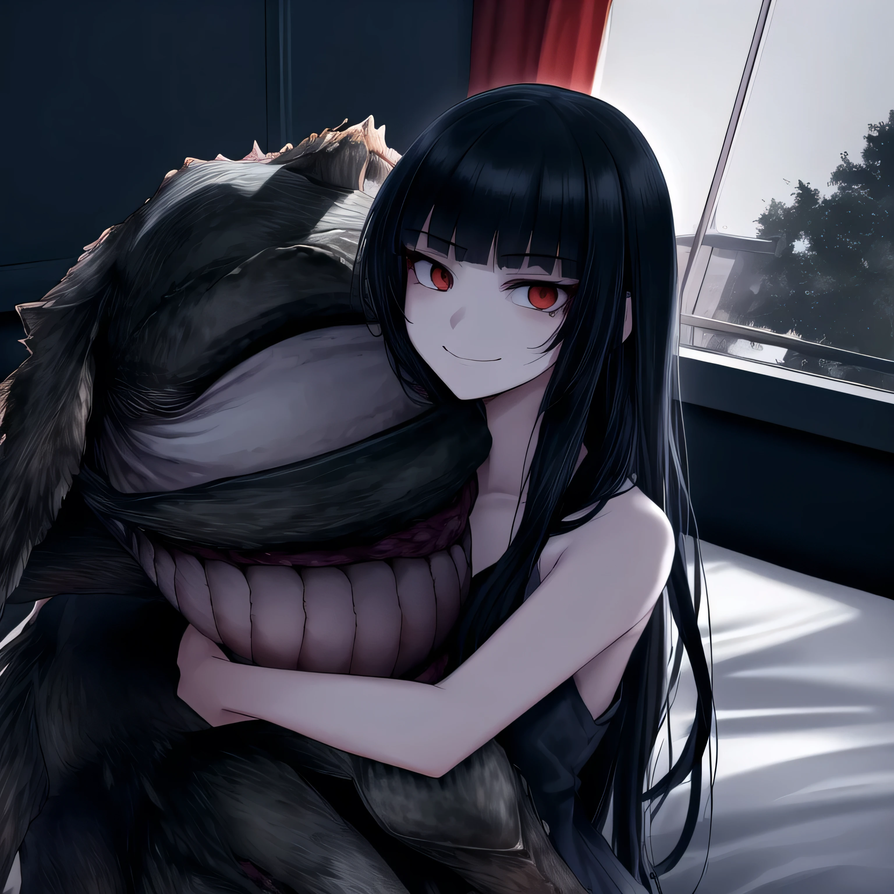 hunter, monster, 1girl,, bedroom, in bed, afternoon, smile, sad brow, black hair, long hair, white outfit, bare arms, girl hug monster on her shoulder, monster head on girl shoulder
