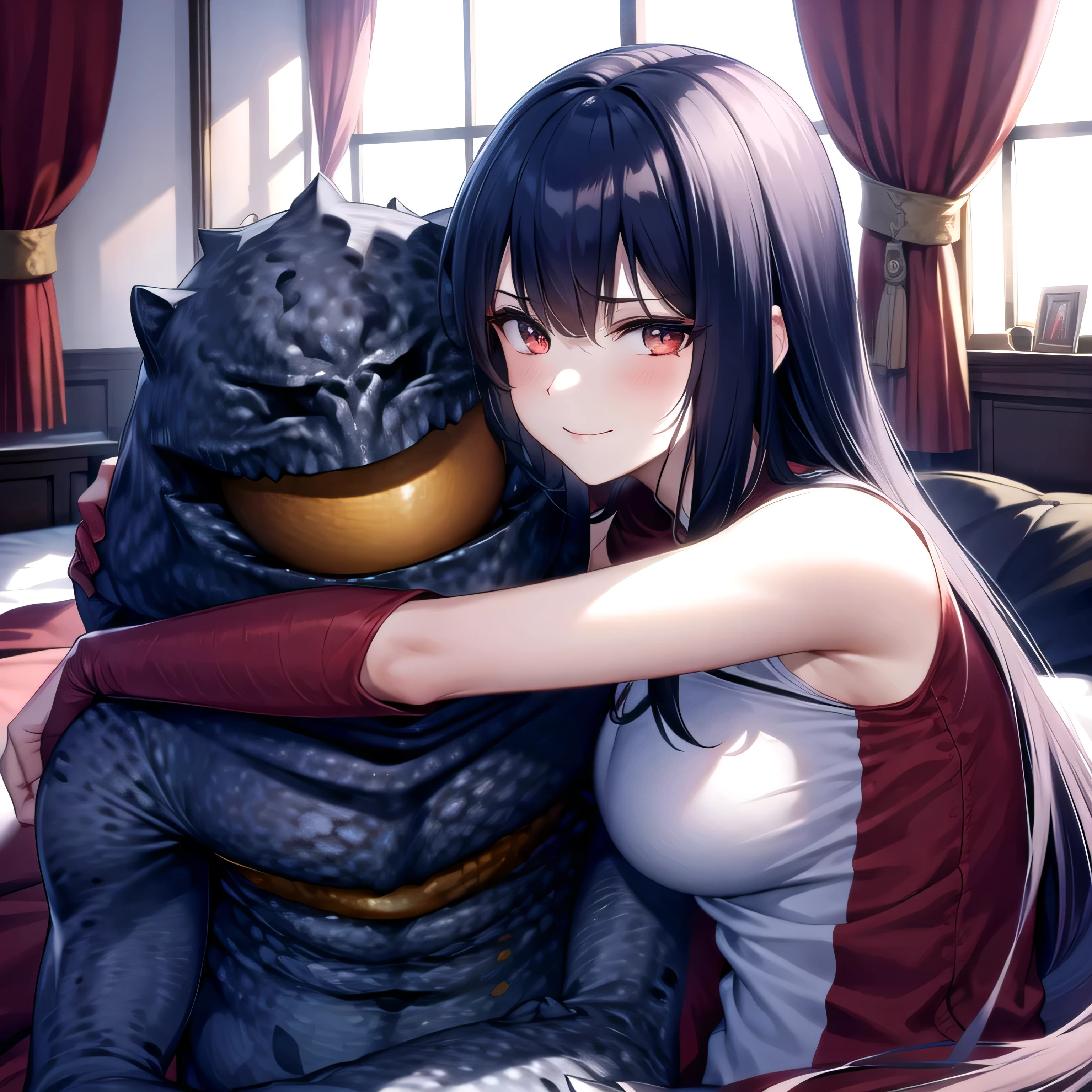 hunter, monster, 1girl,, bedroom, in bed, afternoon, smile, sad brow, black hair, long hair, white outfit, bare arms, girl hug monster on her shoulder, monster head on girl shoulder, crying on girl shoulder
