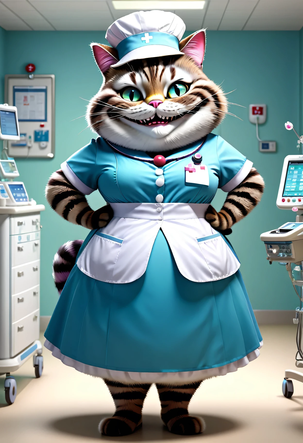 photorealistic portrait of Dressed animals - a ((fat)) (Cheshire cat) nurse,(elegant pose:1.2),(hands on hips:1.5), (elegant smile:1.2),(furry),high quality,(lovely) ,intricate details, highly detailed (( nurse costume)), wearing nurse cap and skirt , highly detailed medical equipment , (happy), perfect room lighting,(full body image:1.5),(hospital background:2.0)