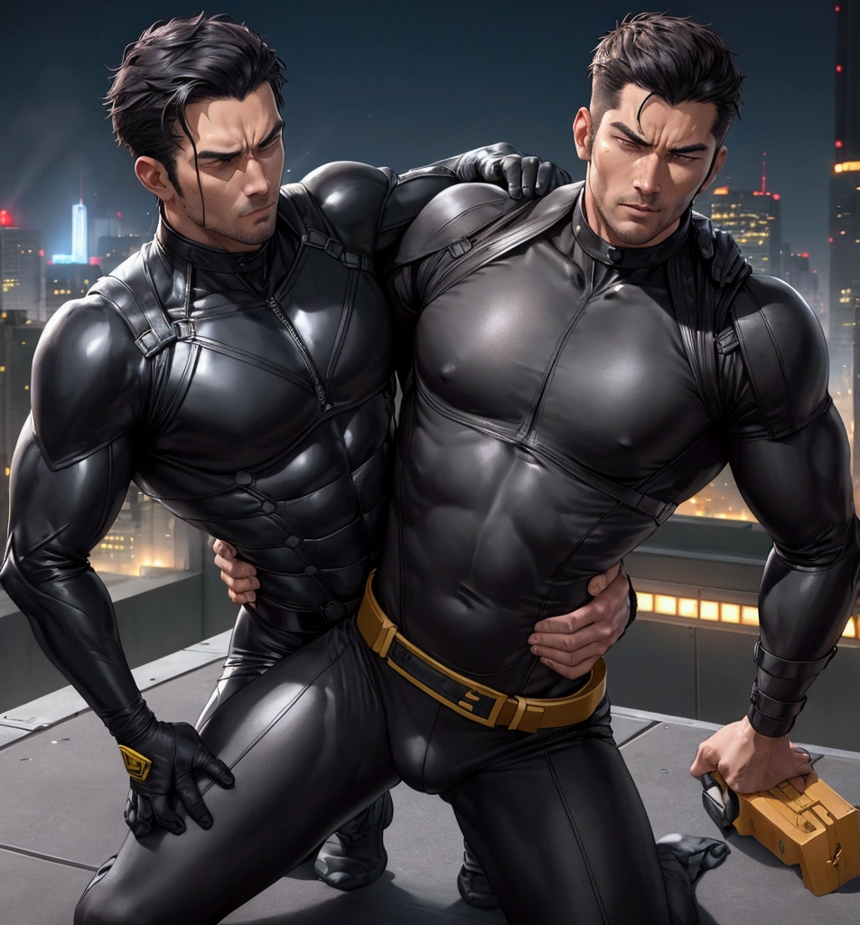 rooftop、Handsome 30-year-old、logic、Black bodysuit、Shocker Belt、Combatant、My groin is swollen。A handsome man is tending to a man who has been hit and fallen to the ground.