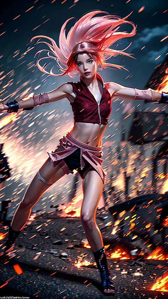 Moisturized skin,Realistic body,(Adult female body),Energetic,(),(Girl),,Crop top,,Collarbone,Earrings,
BREAK,
Bright red lipstick,(Beautiful navel),(Pink hair),Beautiful hair,Short hair,
BREAK,
((Masterpiece+Top quality+High resolution+Very detailed)), (Full body:1.2),Symmetrical,One shot,
BREAK,
(Wind blowing),(Covered in blue electricity),(Battle stance:1.4),
BREAK,
Assassination,,Fantastic,Dynamism,Very tight leggings,((In the middle of a war, Battle stance),((Fires everywhere, Bloody, Death is everywhere, Corpses, Corpses, Burned down Japanese castle,Hellish,Chaos),