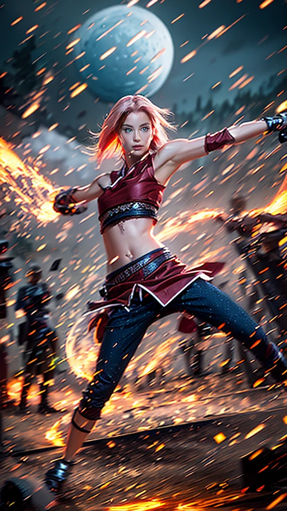 Moisturized skin,Realistic body,(Adult female body),Energetic,(16 years old),(Girl),,Crop top,,Collarbone,Earrings,
BREAK,
Bright red lipstick,(Beautiful navel),(Pink hair),Beautiful hair,Short hair,
BREAK,
((Masterpiece+Top quality+High resolution+Very detailed)), (Full body:1.2),Symmetrical,One shot,
BREAK,
(Wind blowing),(Covered in blue electricity),(Battle stance:1.4),
BREAK,
Assassination,,Fantastic,Dynamism,Very tight leggings,((In the middle of a war, Battle stance),((Fires everywhere, Bloody, Death is everywhere, Corpses, Corpses, Burned down Japanese castle,Hellish,Chaos),