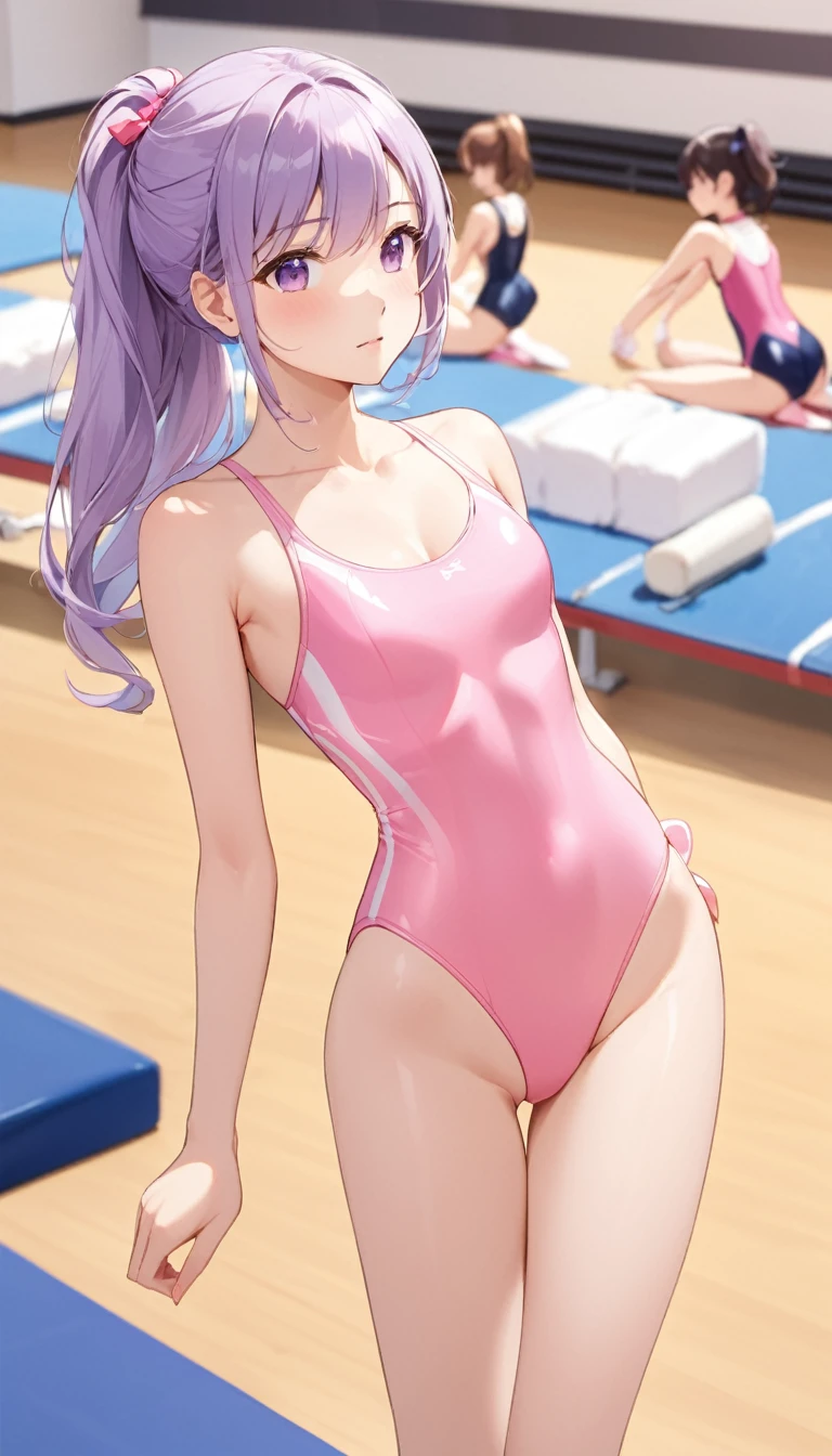 expensivequality illustration, masterpiece, Very delicate and beautiful, Attractive girl,(Gymnastics leotard,Tight leotard,length_Leotard with sleeves,expensive_Leg leotard,athletic leotard),Purple ears,Short here, Audience reaction,thin,Slender body,slim,expensive school,Gym,Gymnastics Club,2 girls,