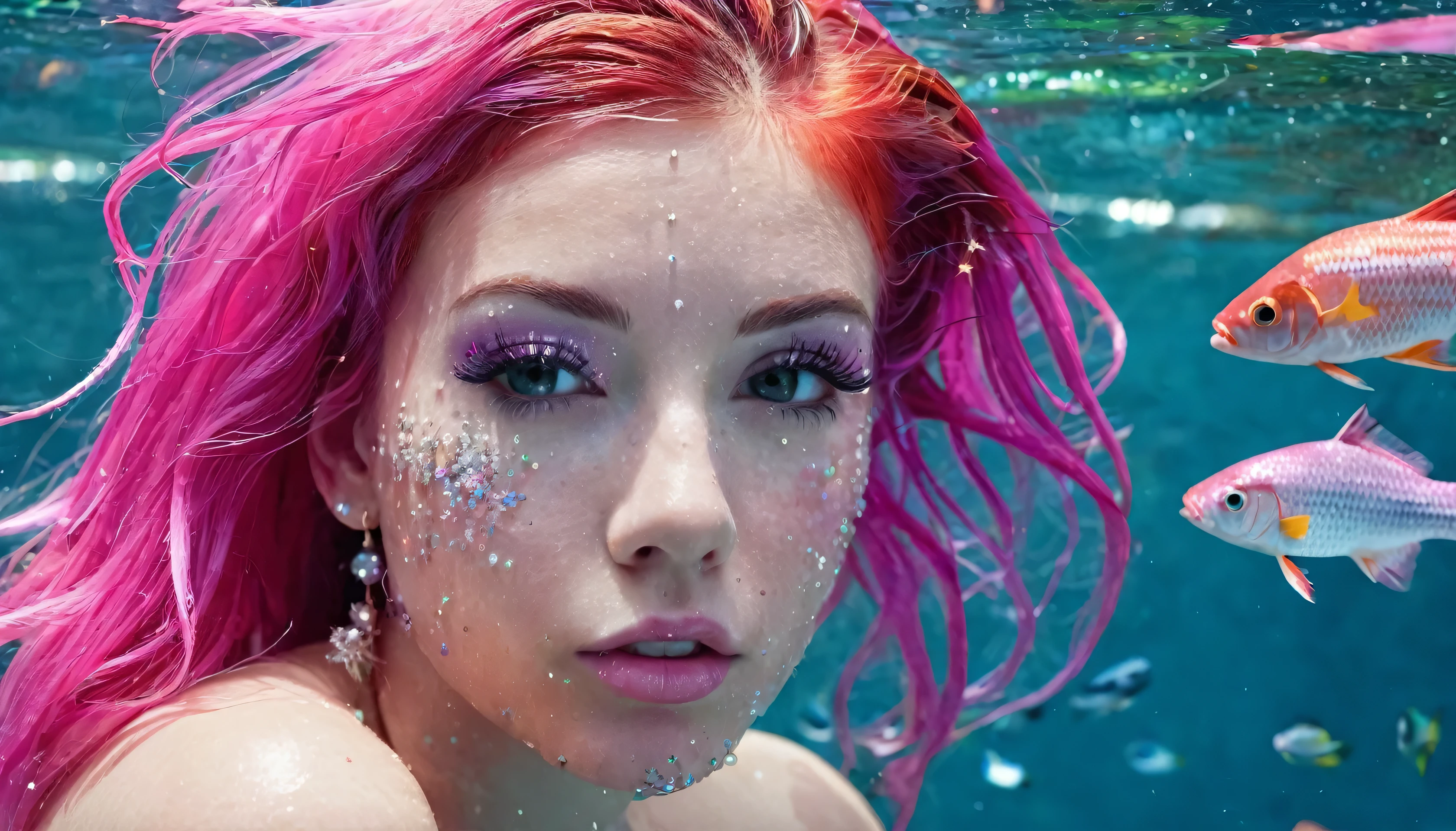 Girl,water in face, fishes on face, HD, High definition, 2k, pink hair, glitter, shot with high definition camera