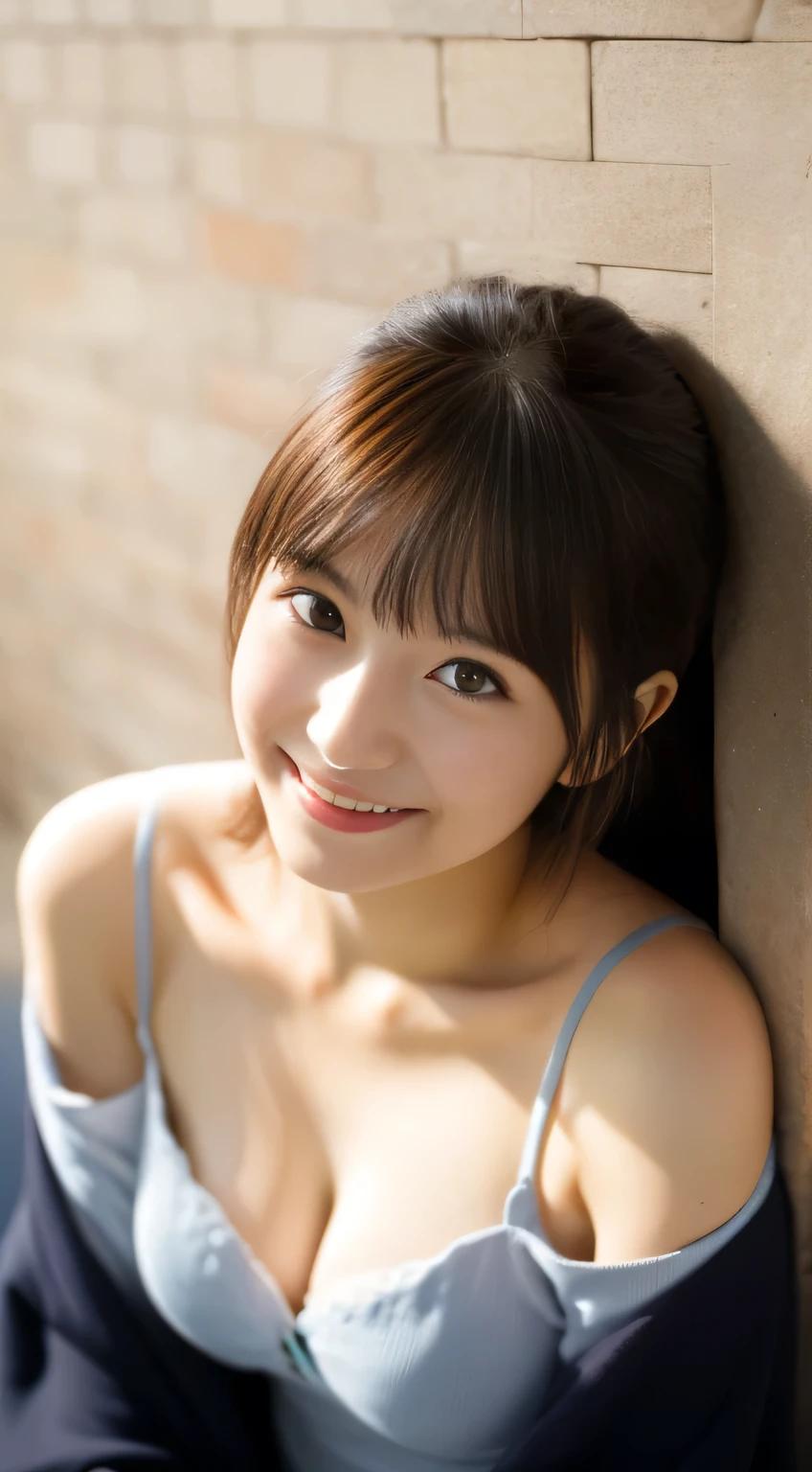 masterpiece,best quality,(Japanese girl),((Beautiful girl)),cleavage,(off shoulder:1.2),(perfect body beauty:1.2),(shy smile),from above