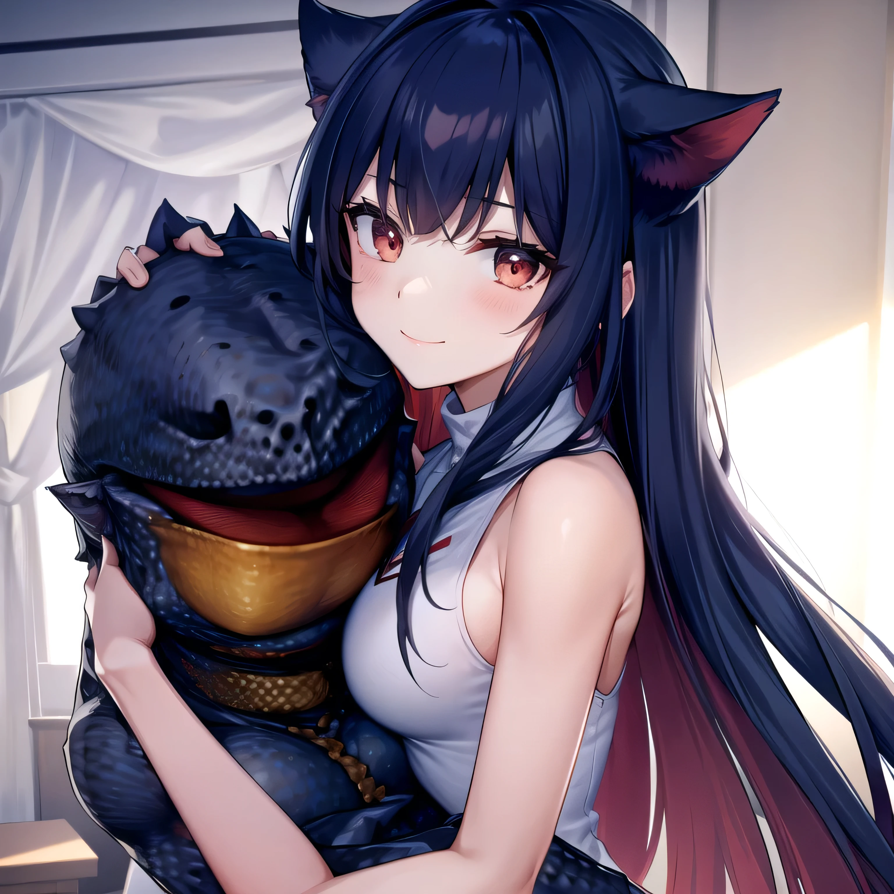 hunter, monster, 1girl,, bedroom, in bed, afternoon, smile, sad brow, black hair, long hair, white outfit, bare arms, girl hug monster on her shoulder, monster head on girl shoulder, crying on girl shoulder