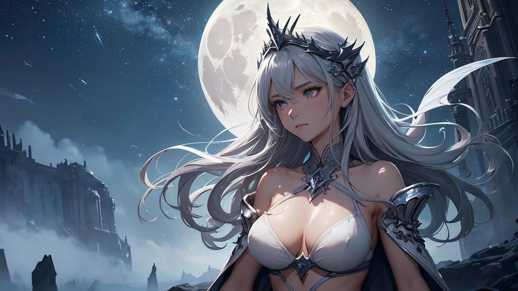 ((masterpiece))), (((Highest quality))), ((Very detailed)), (figure), (Gray Hair),((Very delicate and beautiful)),Movie angle,floating, (Beautiful attention to detail), (Detailed light),Cinema Lighting, Beautifully detailed skies,(One girl), (Dragon Bones),Dragon Scale,Show horn,White Bikini,((moon)),(moonlight), Starry Sky, (Lighting particles), fog, snow,(Painting),(sketch),(bloom),