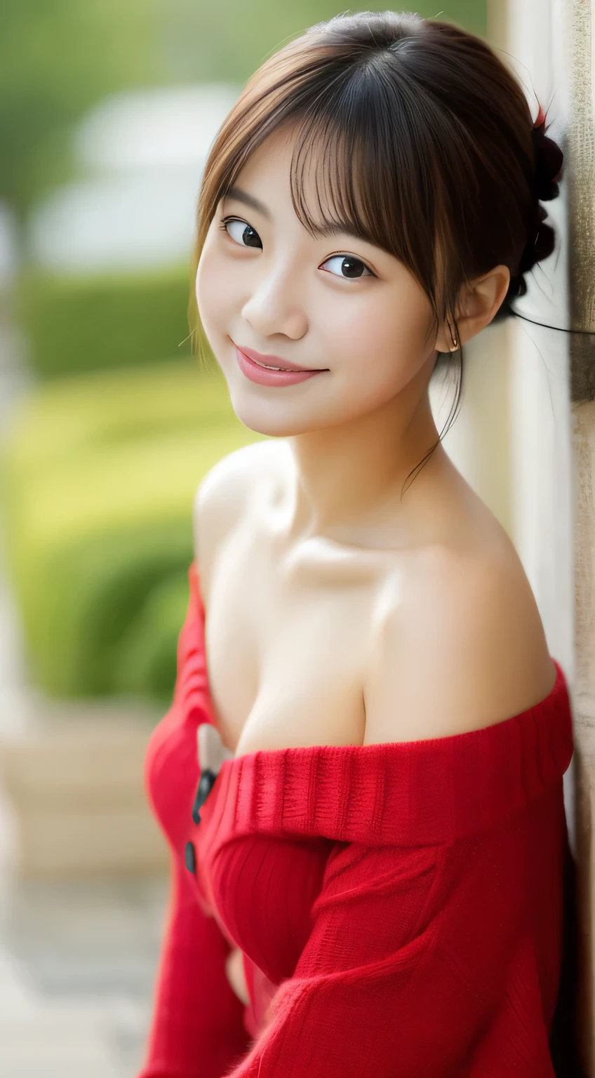 masterpiece,best quality,(Japanese girl),((Beautiful girl)),cleavage,(off shoulder:1.2),(perfect body beauty:1.2),(shy smile),from above