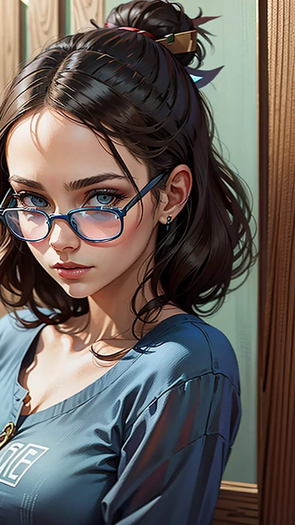 woman in blue shirt and glasses standing in front of a wooden wall, a portrait inspired by Bernardino Mei, reddit, renaissance, photograph credit: ap, lindsey look, blunt bangs fall on her forehead, medium closeup, in court, the woman is behind bars, robin eley, she has black hair with bangs, special, in a courtroom, in serous intense theme