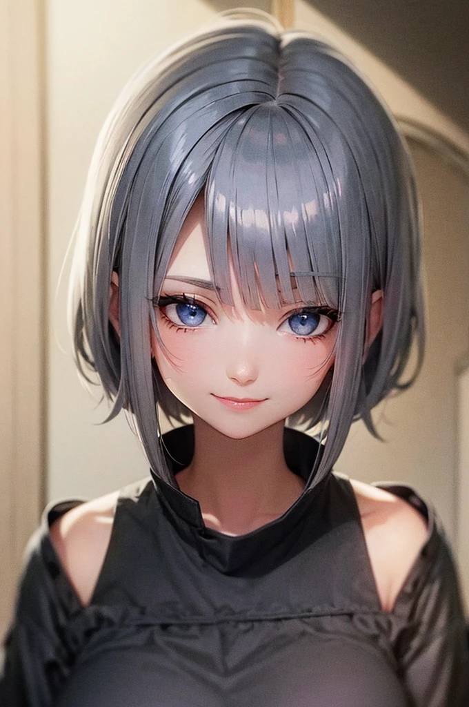 Grey Hair　Short Hair　Dark blue eyes　beautiful girl　A kind smile　