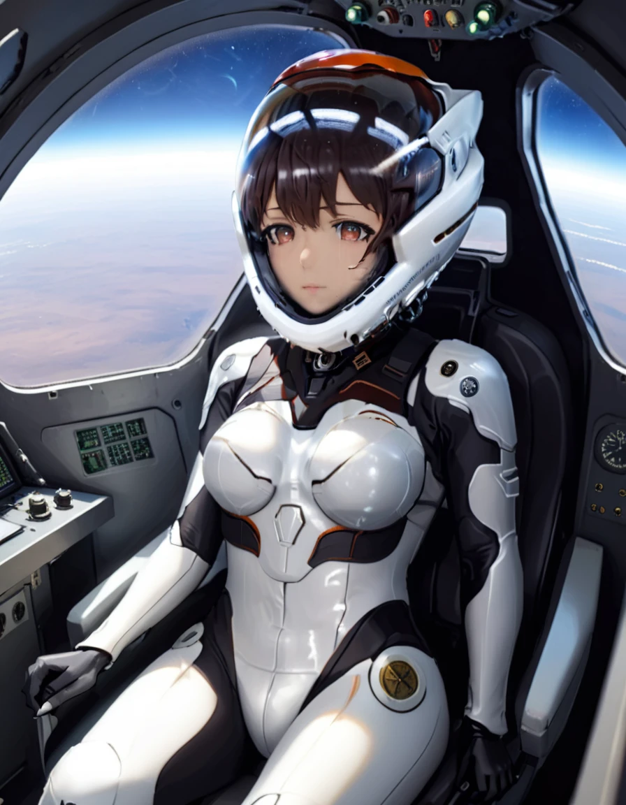 ((Female pilot in the cockpit of a reconnaissance plane), (airplane cockpit), (in flight), (10000 feet altitude)、(sky view):1.7),, short hair, street, emo, BLACK hair, white eyes, eyeliner, apocalypse, girl, nside the (cockpit:1.9) of a (futuristic spaceship:1.6), , blush,sitting on a chair, covered navel, space helmet, muvluv, space helm, plug suit , space helmet, eva helm, space suit, short hair,
(space helmet:1.7)