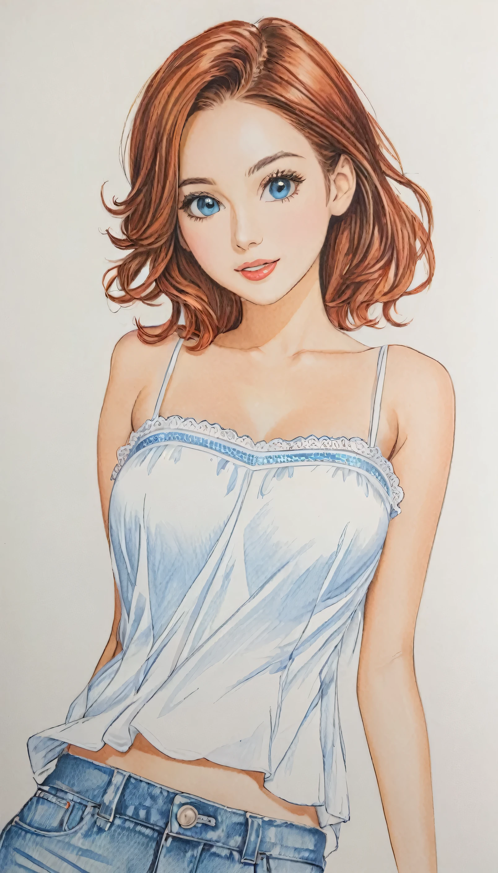 woman,Short camisole,white,art,advertisement,Colored pencil drawing,draft