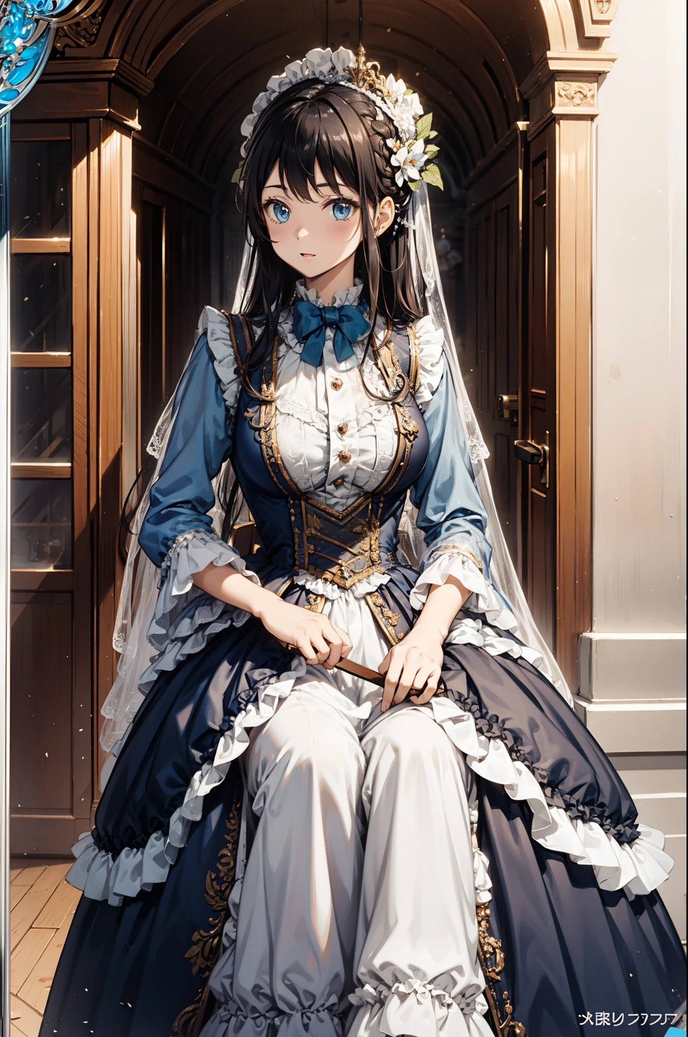 elegant victorian era rococo dress with large frilly skirt and long train, voluptuous woman, expressive and luscious long hair, bangs, cowgirl shooting pose, extremely detailed and beautiful face, cute anime art style, see-through clothing