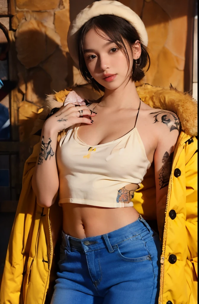 masterpiece, best quality, 8k,highestres, absurdres, extremely detailed, female trafalgar law, 1boy, 1sword, solo, looking at viewer, short hair, big breasts, hat, navel, earrings, midriff, pants, coat, fur trim, denim, jeans, shoulder tattoo, hand tattoo, finger tattoo, black fur-trimmed coat, coat on shoulders, yellow tank top,///, (gigantic:1.3)