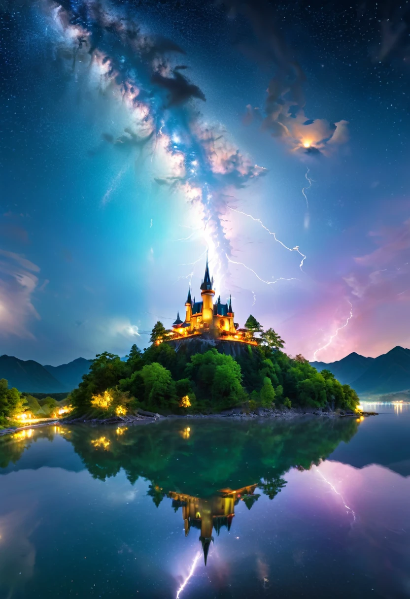 (8k, Highest quality, masterpiece, ファイナルFantasyスタイル: 1.2), (unrealistic, Realistic: 1.37), Dreamy landscape, Fantasy, unrealisticな風景, Very detailed, Flying medieval castle, Floating Island, Seven-colored light swirl, (meteorのMr..A small, shiny, long-tailed bird soaring through the sky:1.3), Aurora, Intense lightning, milky way, Complex Light, Mr..々color light, Large Lake, Starry sky reflected on the lake, Countless shining stars, meteor, たくさんのmeteor, Aura, (A pillar of light appeared from the ground.:1,2), 複雑な文Mr..Magic Circle,