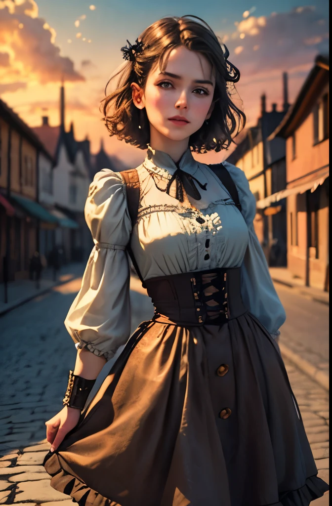 realistic, analog photo, Masterpiece, modern analog photo, middle shot, photorealistic, (detailed cute face), skyscape with clouds, nightfall, cute woman, small european town in 1910, short windblown skirt, soft steampunk aesthetic, short hair, smoke particles, halo, (bioluminescent:0.95), vibrant color details, dynamic, Intensed eyes, sexy, pleasure, wishmaster, depth of field, 35mm, film grain, raw photo, isometric, extremely detailed