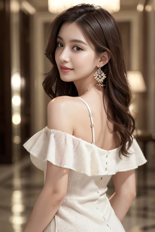 masterpiece, Highest quality, Realistic, Very detailed, Finer details, High resolution, 8k wallpaper, One beautiful woman, Wear an elegant off-the-shoulder knit dress, A wonderful hotel entrance, At night, Light brown messy hair, Perfect dynamic composition, Beautiful and beautiful eyes、Big earrings、Looking back and laughing、Are standing、Big Breasts、whole body