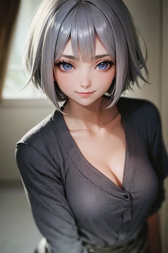 Grey Hair　Short Hair　Dark blue eyes　beautiful girl　A kind smile