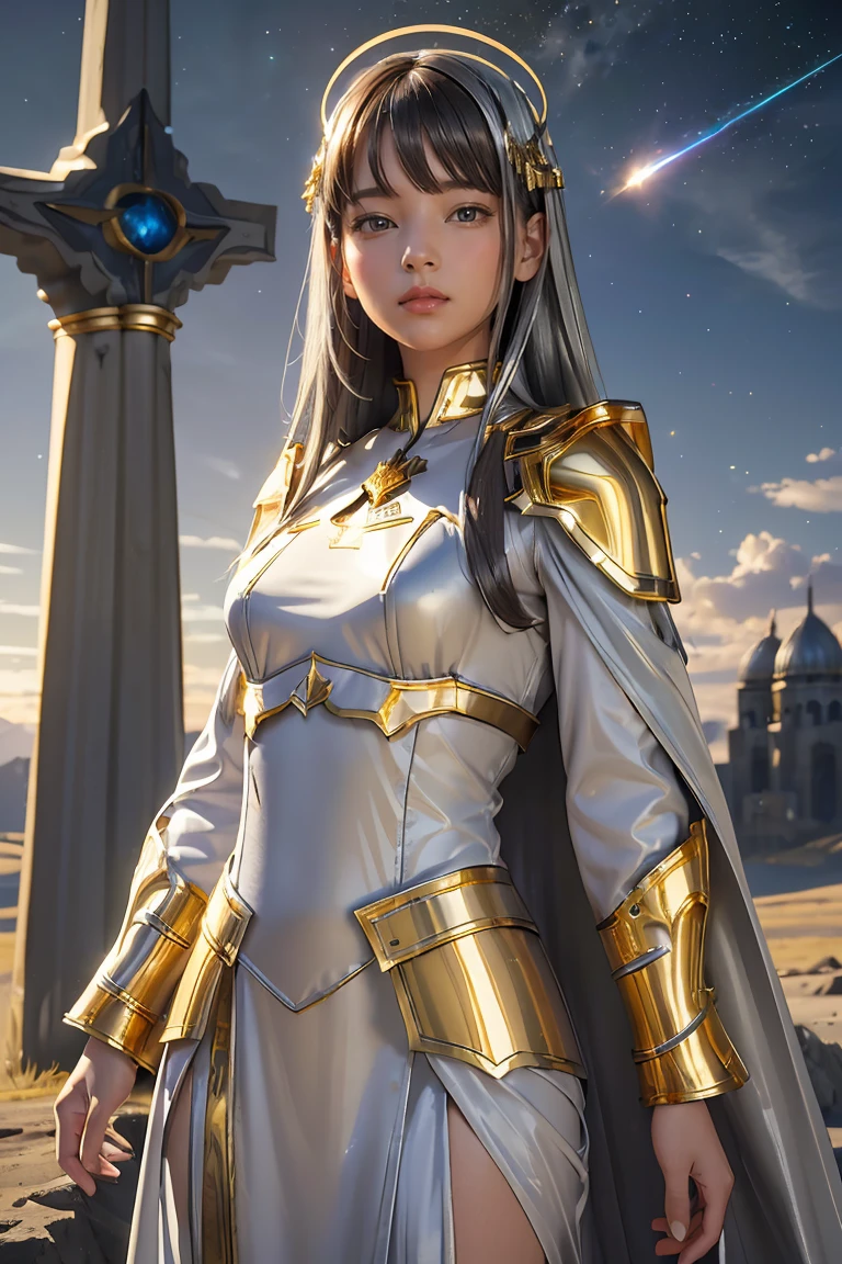 ((masterpiece, best quality, extremely detailed), volumetric lighting, ambient occlusion, colorful, glowing), 1girl, solo, young girl, (dark hair), long hair, halo, aura, sacred, goddess, cleric suit, (silver outfit with gold detailst:1.3), armor, outdoors, sunset, sky, clouds, space, (fantasy theme:1.2),