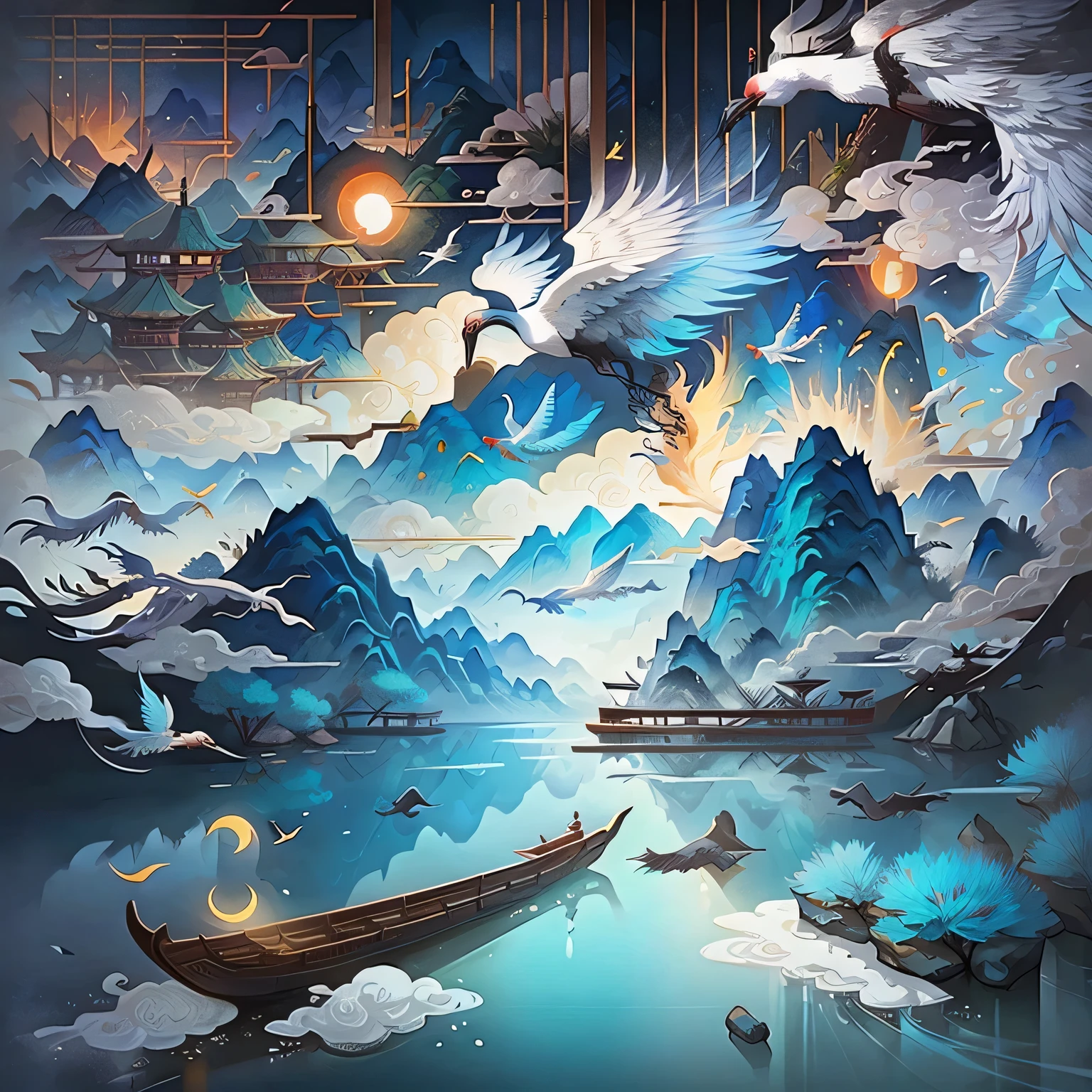Chinese landscape map distant mountains, Clear river, Ancient buildings, vessel, birds, Phoenix, crane, Clouds, Gorgeous lighting, Long-term perspective, Ultra wide angle, Colorful and majestic, Super bright light, Ultra-high quality. Ultra-high detail, Depth of Field, quality, 100mm lens, Flat illustration style--AR 9:16 --V 5 --S 750 --V 5