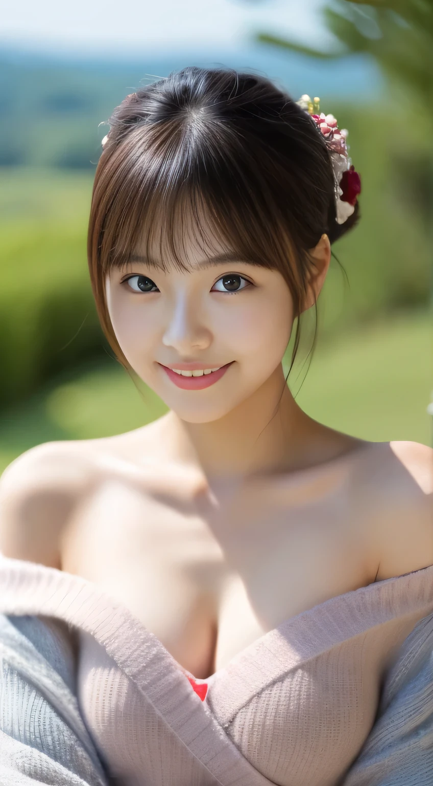 masterpiece,best quality,(Japanese girl),((Beautiful girl)),cleavage,(off shoulder:1.2),(perfect body beauty:1.2),(shy smile),from above