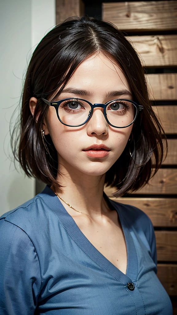 woman in blue shirt and glasses standing in front of a wooden wall, a portrait inspired by Bernardino Mei, reddit, renaissance, photograph credit: ap, lindsey look, blunt bangs fall on her forehead, medium closeup, in court, the woman is behind bars, robin eley, she has black hair with bangs, special, in a courtroom, in serous intense theme