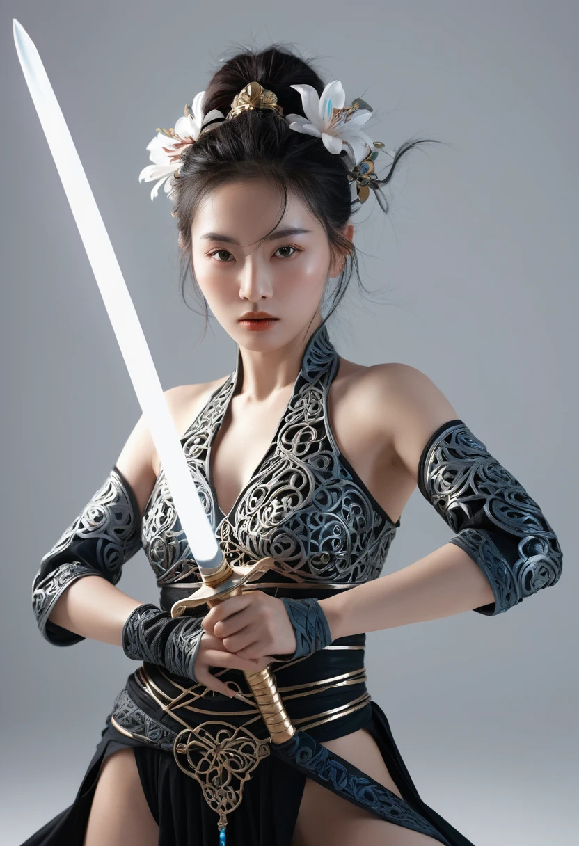 Female swordsman topless photography,Atomic Correct,Raw, Lenses, (Clear focus:1.5), (Reality:1.4), Dusk lighting, Volumetric Lighting, Ultra-high resolution, 16K,Dramatic Lighting, White background:1.5),Glowing sword,(fighting stance),Hold the sword hilt tightly in your hand,1 sword,Solitary,(Zentangle,Mandala,Tangles,Entanglement:0.7) , Depth of Field, Dreamy atmosphere, The most beautiful form of chaos, grace, Brutalist design dark theme, Flower of Death, Flowers of ecstasy,glowing line,Glow Example,Tracking example,flash, Backlight,translucent,Light Particles,exit,xianxia
